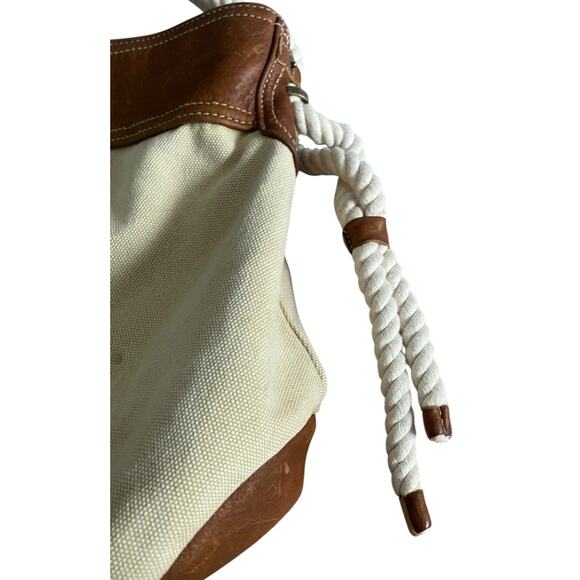 Vtg GAP Jeans Canvas Bucket Bag Tote Rope Cream Brown Leather Y2K 90s Hobo Purse - Picture 11 of 16